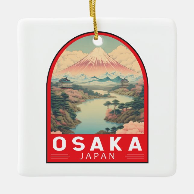 Osaka Japan Mount Fuji Travel Art Emblem Ceramic Ornament (Front)