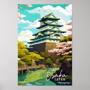 Osaka Japan vintage travel art illustration Poster
