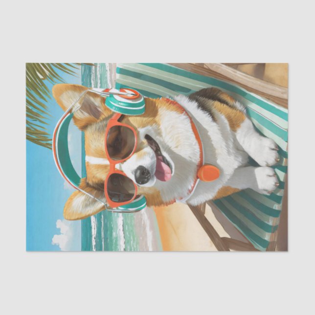 Oscar Just Chillin', Corgi on the Beach Tissue Paper (Front)