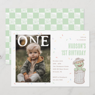 Oscar the Grouch Green Confetti First Birthday Invitation