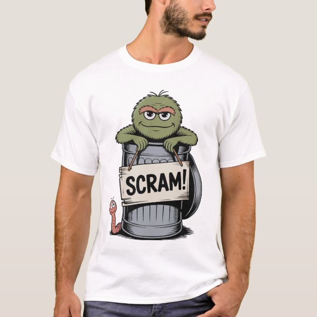 Oscar the Grouch "Scram!" Funny Trash Can T-Shirt (Front)