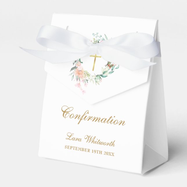 oses Floral Garland Gold Script Confirmation Favor Box (Front Side)