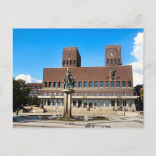 Oslo City Hall, statue, fountain Postcard