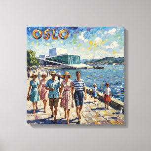 Oslo Harbour Waterfront Vintage Scene Stretched Ca Canvas Print