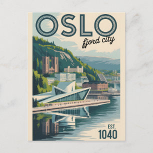 Oslo Norway Skyline Retro Cityscape Travel Postcard