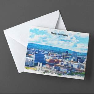 Oslo Norway Watercolor Painting Panorama View Postcard