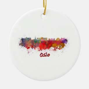 Oslo skyline in watercolor ceramic ornament