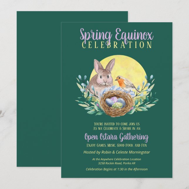 Ostara Spring Equinox Bunny & Bird Nest Green Invitation (Front/Back)