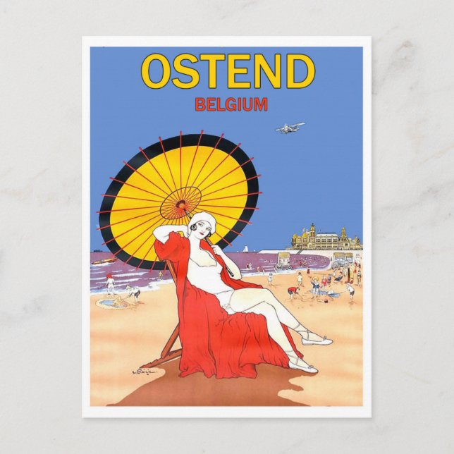 Ostend, Belgium, woman on the beach with sunshade Postcard (Front)