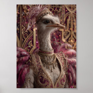 Ostrich in Ornate Royal Gown and Crown Poster