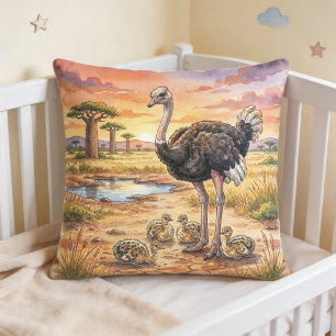Ostrich Mama And Chicks Safari Animals Throw Pillow