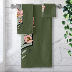 Ostrich Pink  Flowers Olive Green Art Deco  Bath Towel Set