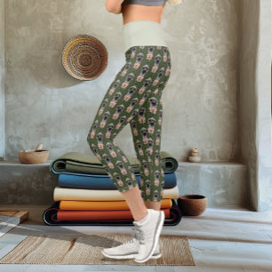 Ostrich Pink Flowers Olive Green Art Deco Capri Leggings