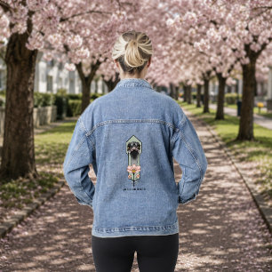 Ostrich Pink  Flowers Olive Green Art Deco  Denim Jacket