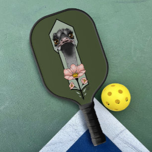 Ostrich Pink Flowers Olive Green Art Deco Pickleball Paddle