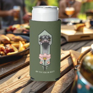 Ostrich Pink  Flowers Olive Green Art Deco  Seltzer Can Cooler