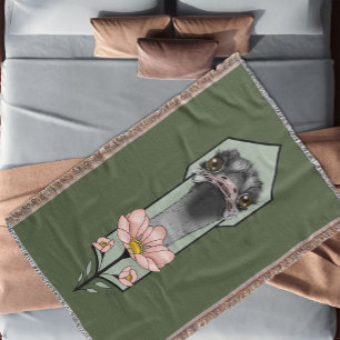 Ostrich Pink Flowers Olive Green Art Deco Throw Blanket