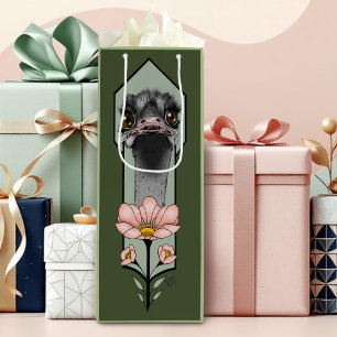 Ostrich Pink Flowers Olive Green Art Deco Wine Gift Bag