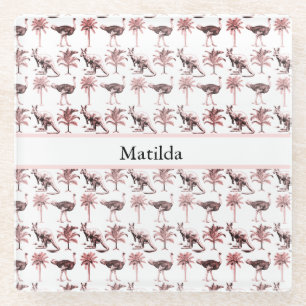 Ostriches and kangaroos, customizable  glass coaster