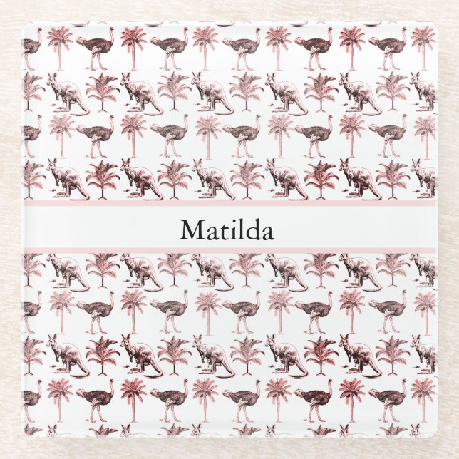 Ostriches and kangaroos, customizable  glass coaster (Front)