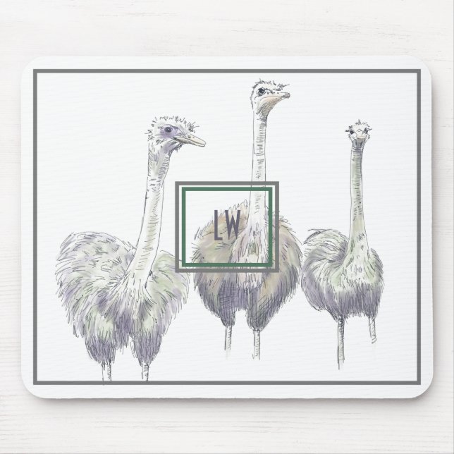 Ostriches Pen and Ink Illustration Monogram Mouse Pad (Front)