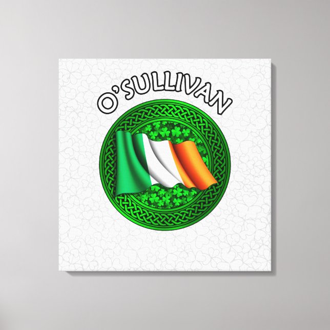 O'Sullivan Crest & Celtic Knot on Shamrock Canvas Print (Front)