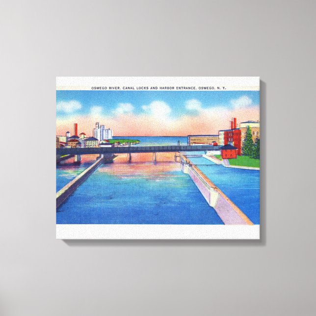 Oswego River View of Canal Locks & Harbour Canvas Print (Front)