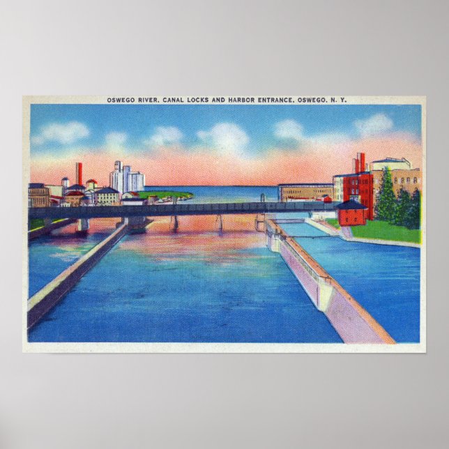 Oswego River View of Canal Locks & Harbour Poster (Front)