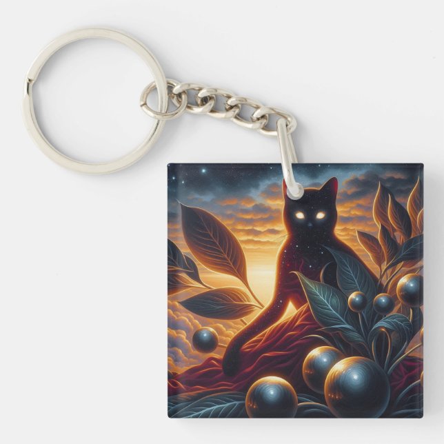 Otherworldly Cat Made of Stars: Surreal Artwork  Keychain (Front)