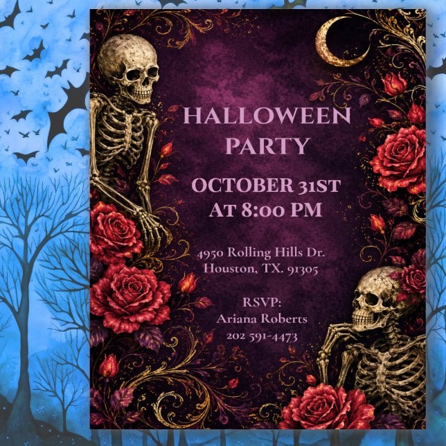 othic Skeleton Roses Halloween Party Invitation (Creator Uploaded)