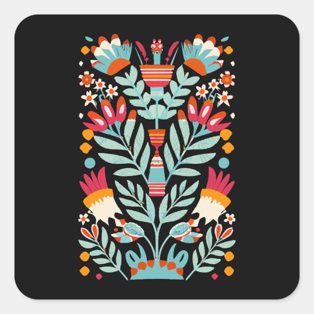 Otomi Flower Pattern Mexican Floral Art Square Sticker (Front)