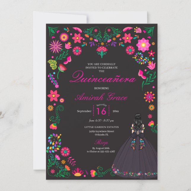 Otomi Mexican Embroidery Quinceañera Invitation (Front)
