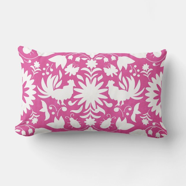 Otomi Print, Bright Pink & White Boho Throw Pillow (Front)