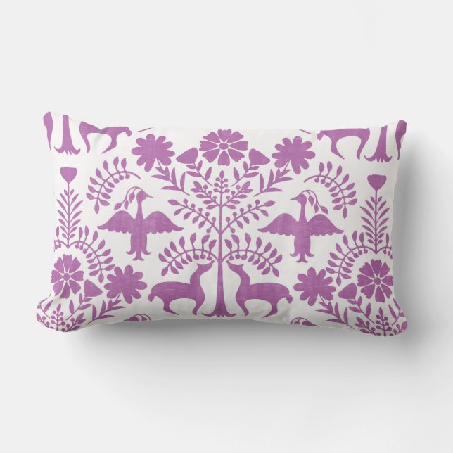 Otomi Print, White & Purple Boho Throw Pillow (Front)