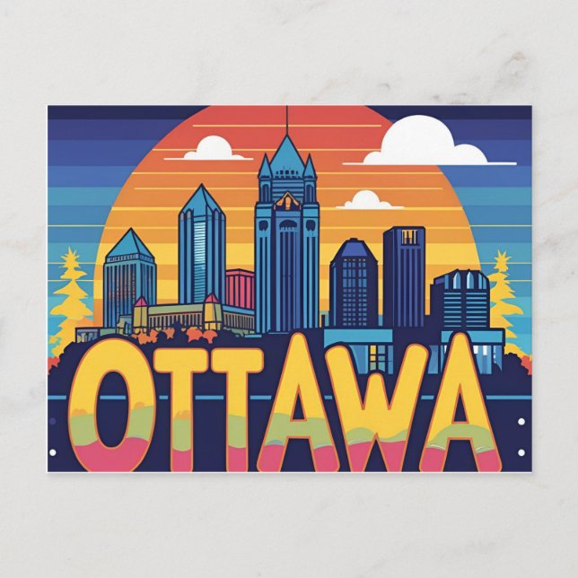 Ottawa Canada Skyline –Bold Retro Sunset Cityscape Postcard (Front)