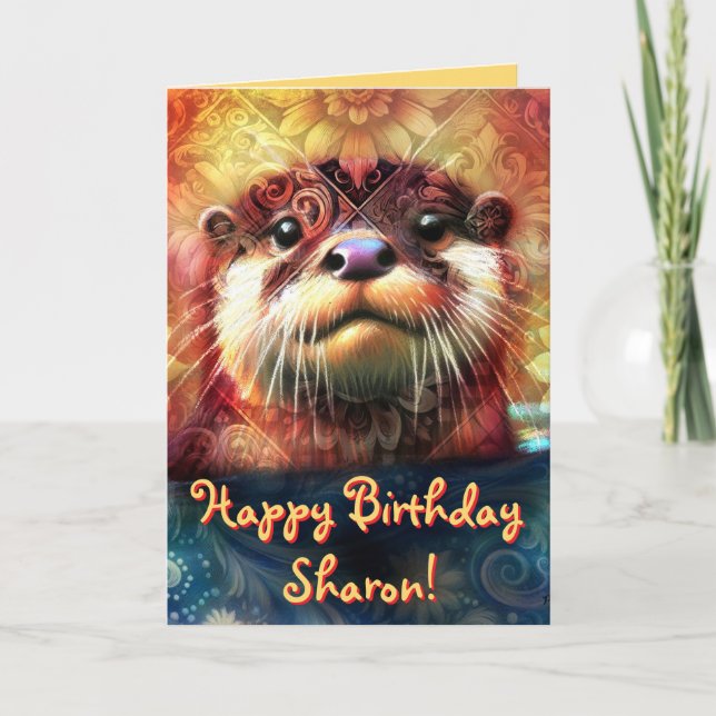 Otter Abstract Floral Personalized Birthday Card (Front)