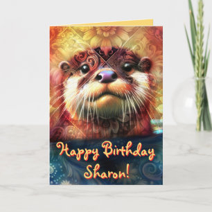 Otter Abstract Floral Personalized Birthday Card