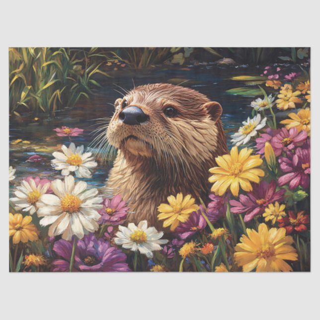 Otter and Colourful Wildflowers Spring Decoupage Tissue Paper (Front)