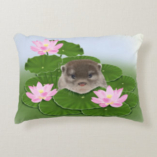 Otter and Lotus Flowers Decorative Pillow