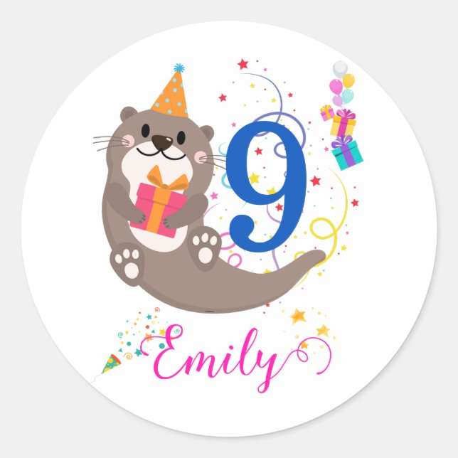 Otter Birthday Girl Party Colourful Balloons Theme Classic Round Sticker (Front)