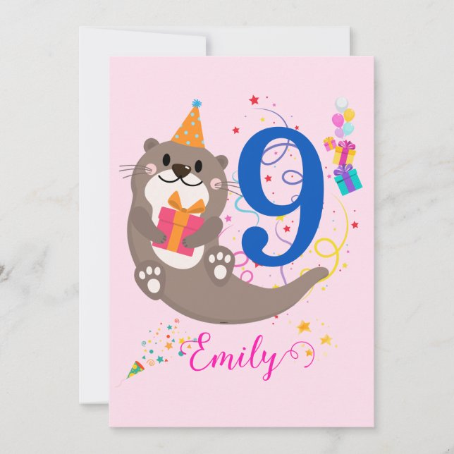 Otter Birthday Girl Party Colourful Balloons Theme Invitation (Front)