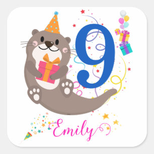 Otter Birthday Girl Party Colourful Balloons Theme Square Sticker