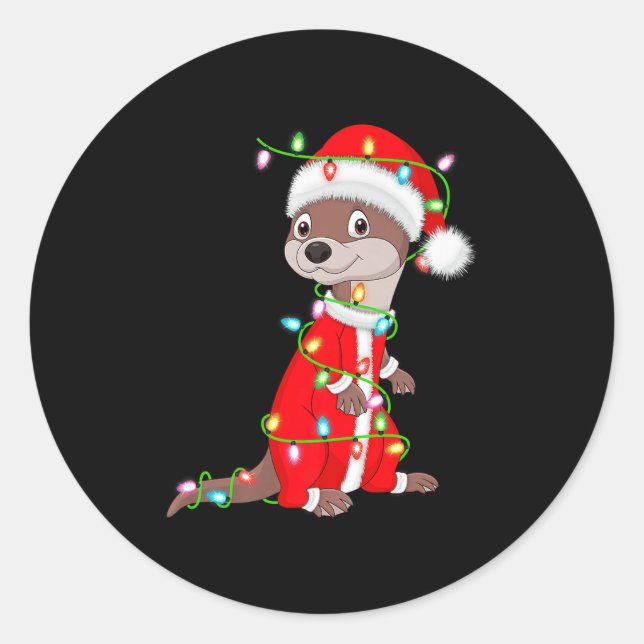 Otter Christmas Lights Santa Costume Cute Animal X Classic Round Sticker (Front)