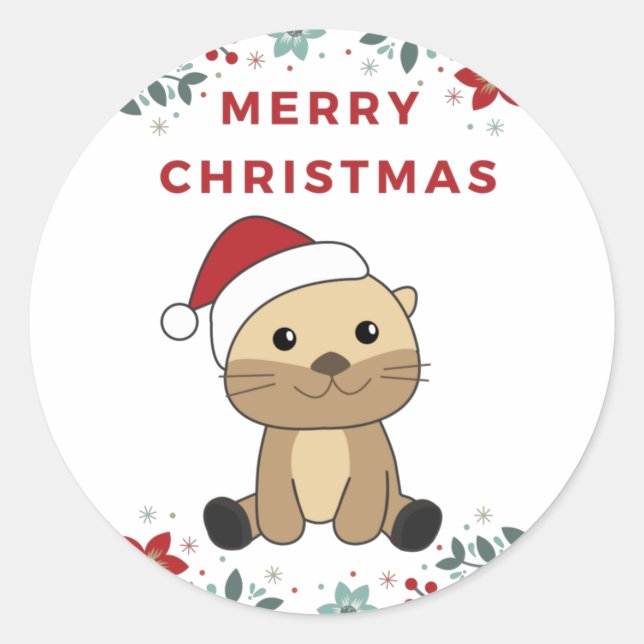 Otter Christmas Snow Winter Animals Otter Classic  Classic Round Sticker (Front)