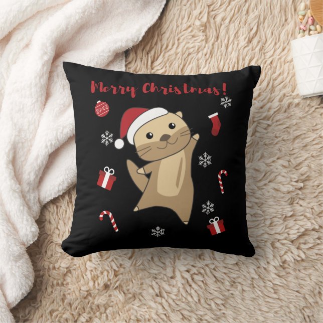Otter Christmas Snow Winter Animals Otter Throw Pillow (Blanket)