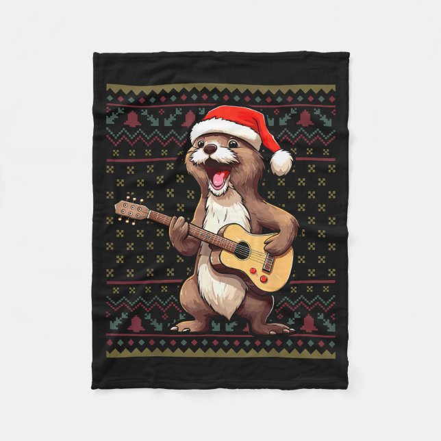 Otter Christmas Ugly Shirts Otter Playing Guitar X Fleece Blanket (Front)