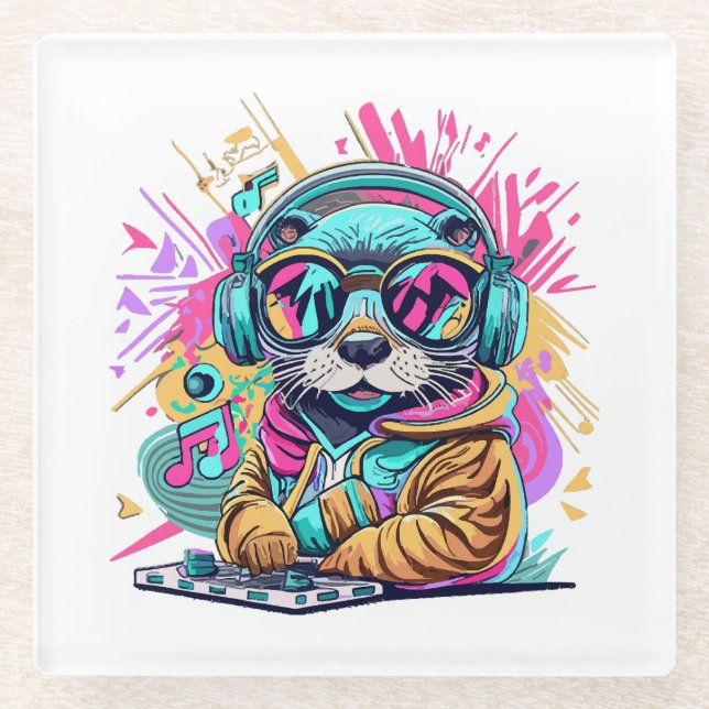 otter Dj 90s vibes Glass Coaster (Front)