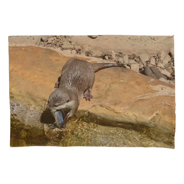 Otter Eating Otterly Delicious Fish,    Pillowcase (Front-Left)