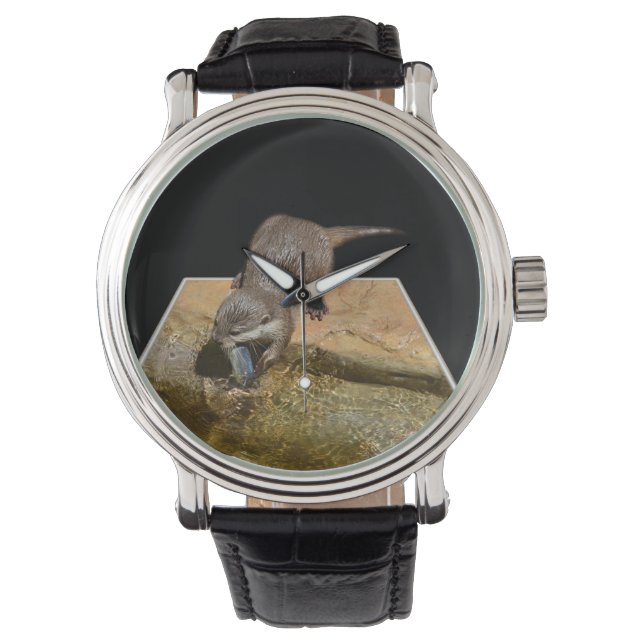 Otter Eating Tasty Fish, Mens Leather Watch. Watch (Front)