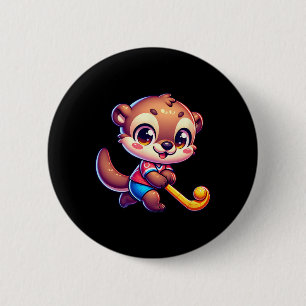 Otter Field Hockey Cartoon Player Cute Sports Masc 2 Inch Round Button